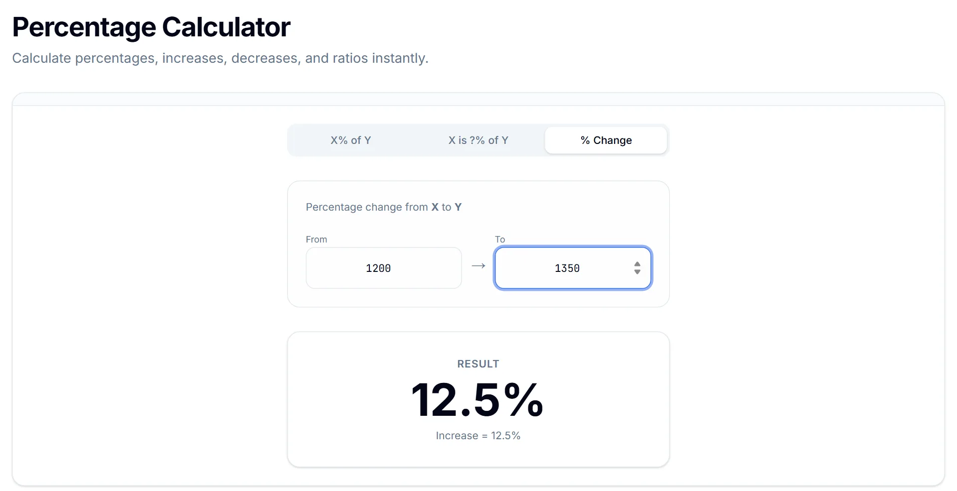 Percentage Calculator in % Change mode showing 1200 to 1350 is a 12.5% increase