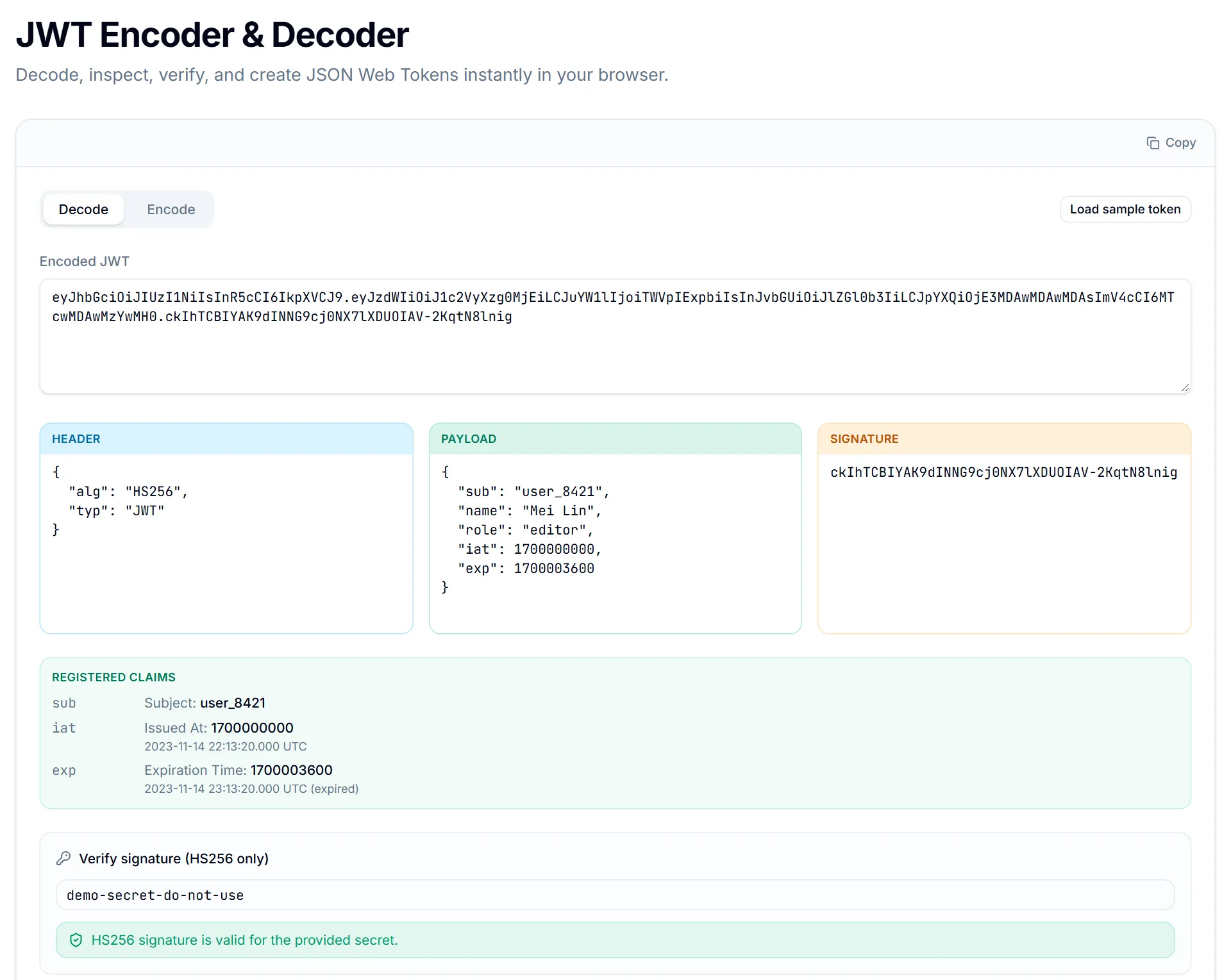 JWT Decoder showing header, payload and registered claims with exp marked expired, and a valid HS256 signature for the provided secret