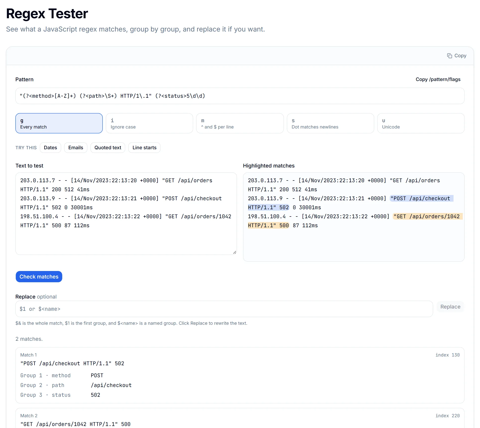 Regex Tester matching two 5xx lines in an access log, with named groups method, path and status listed for each match