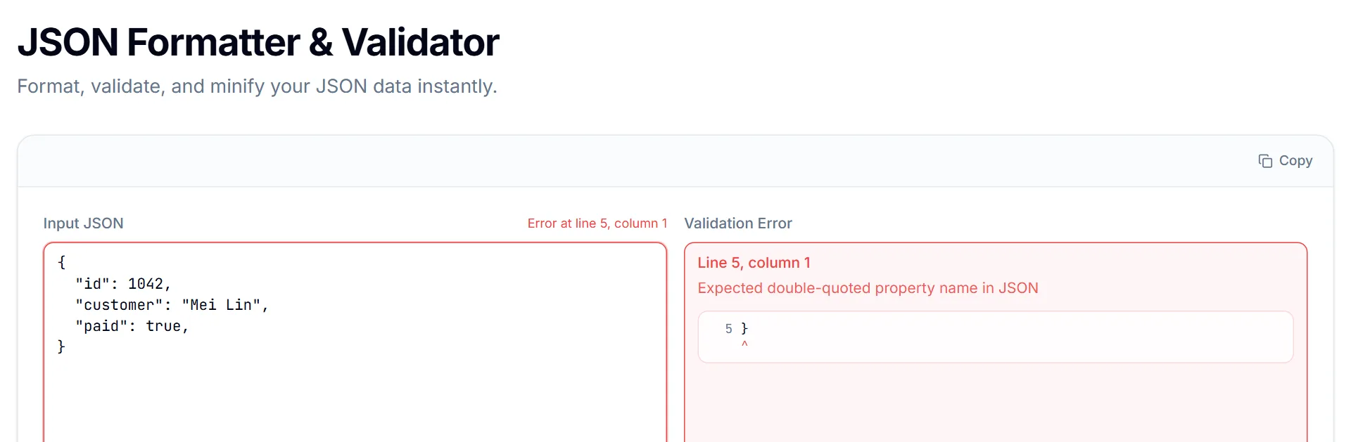 JSON Formatter showing a validation error at line 5, column 1 caused by a trailing comma on line 4