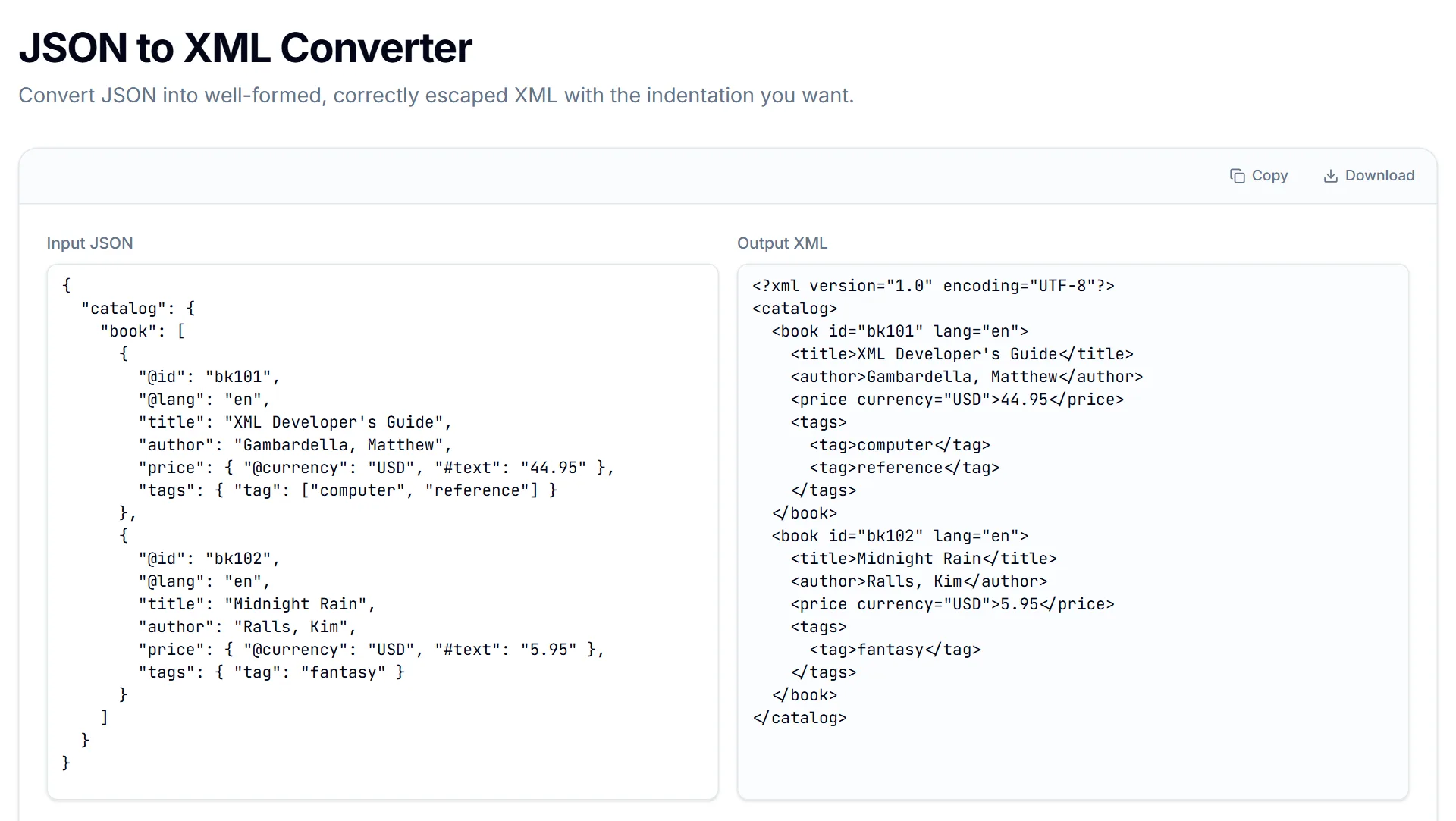 JSON to XML Converter turning a book catalogue with @id and #text keys into XML with attributes