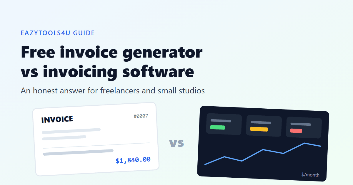 A simple paper invoice for $1,840 next to a dark accounting dashboard with a monthly chart