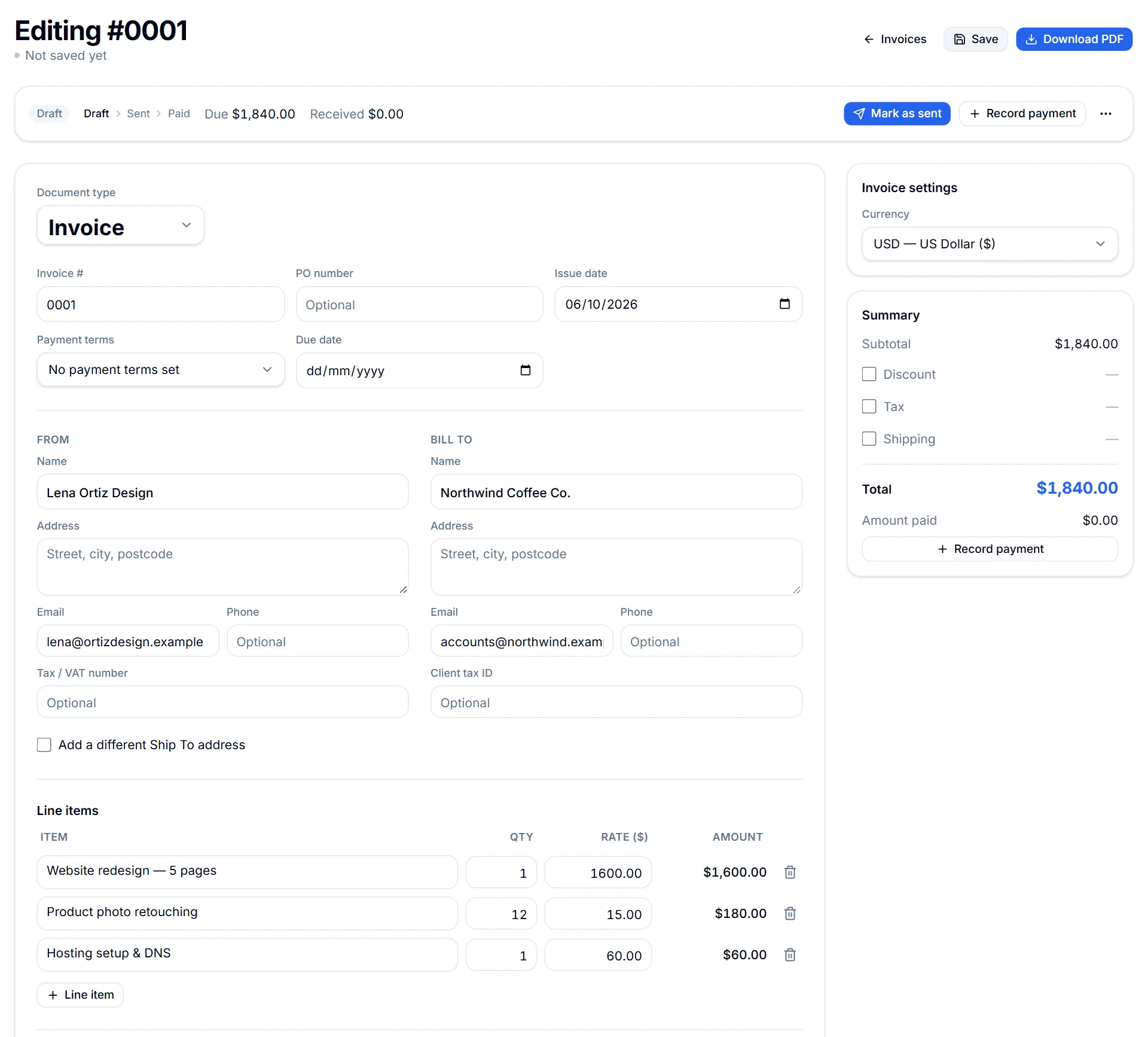 Invoice Generator editor with three line items totalling $1,840, a status bar with Mark as sent and Record payment, and a summary panel